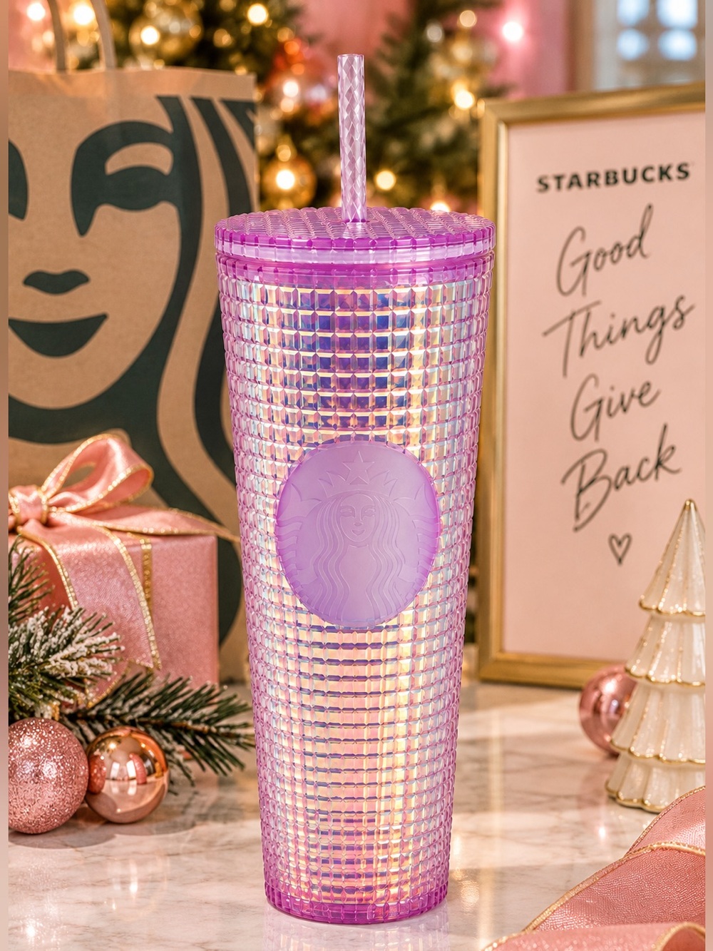 NEW Starbucks Pink Grid Disco Holiday 2020 Cold Cup Tumbler 24oz
